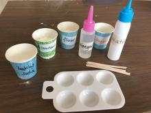 Materials: paint tray, stir sticks/scoops, solids and liquids to mix (skip baking soda and vinegar for Physical changes)