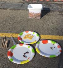 Relay race materials - plates of food, tools to pick up the food, and the nest to carry the food to