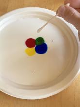 Drops of food colour on the milk and Q-tip dipped in dish soap