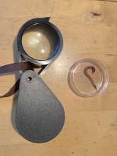 Magnifier and worm in dish
