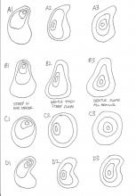 Ideas for mountain contour line patterns, omitting river valleys (E1 and E2 in attached pdf).